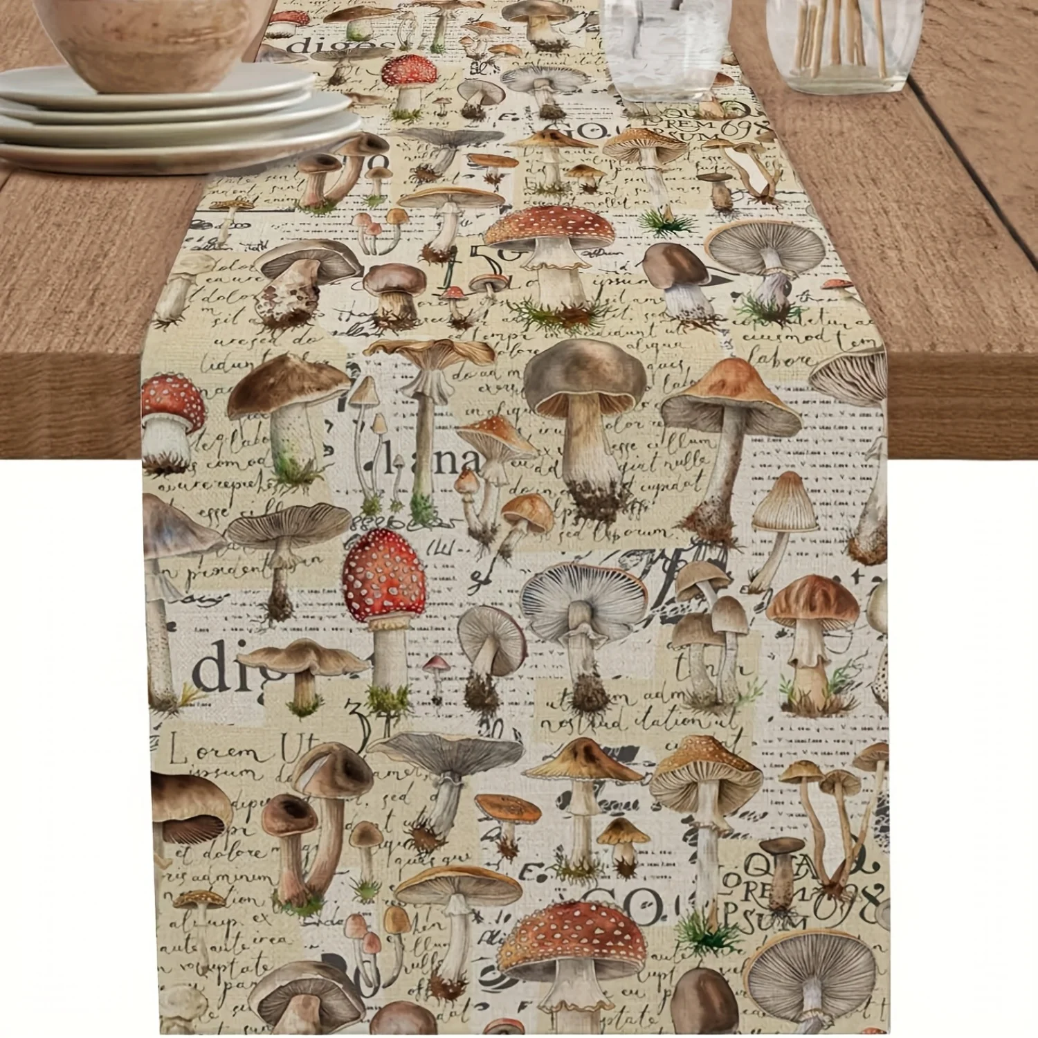 1 Stück Leinen-Tischläufer – Pilz- und botanische Blätter, Retro-Design, rechteckig, für Küche, Esszimmer, Party, Heimdekoration