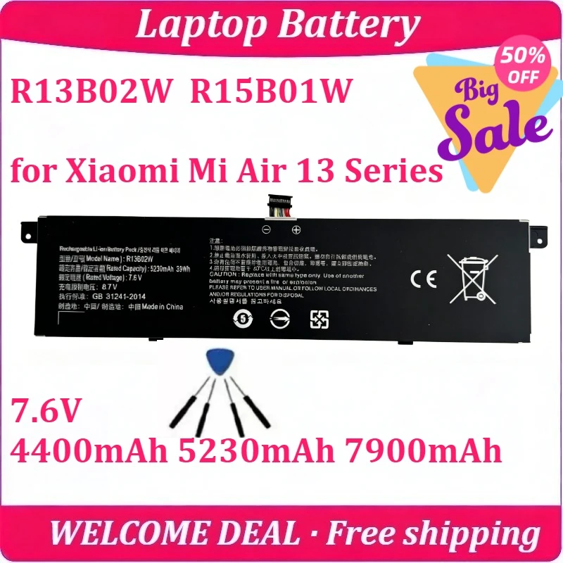 New R13B02W for Xiaomi Mi Air 13 Series Laptop Battery 7.6V 4400mAh 5230mAh 7900mAh Lithium Battery  R15B01W