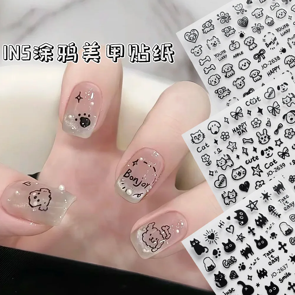 Autocollants pour Ongles Kawaii avec Motif de Petit Chat Noir, Dessin Animé, Mignon, Étoiles, Lettres, Curseur, Y2K, Coréen, Japonais, Nail Art, Manucure Ouverte