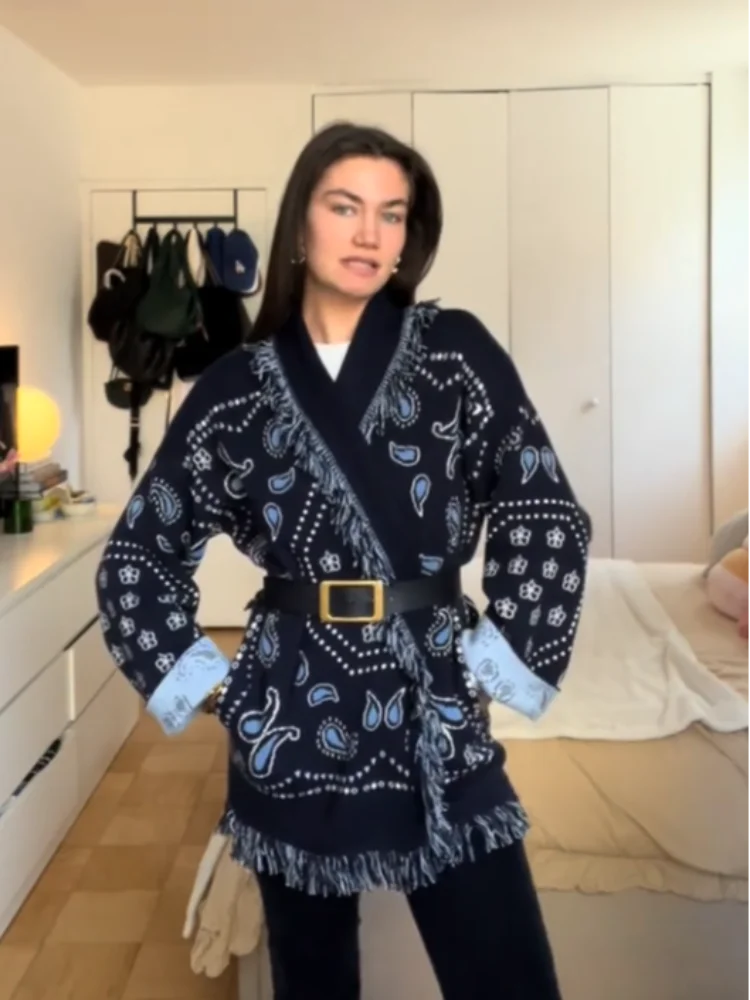 

Tassel Patchwork Printed Knitted Cardigan With Belts Women V-neck Long Sleeve Lady Sweater 2025 Autumn Casual Street Knitwear