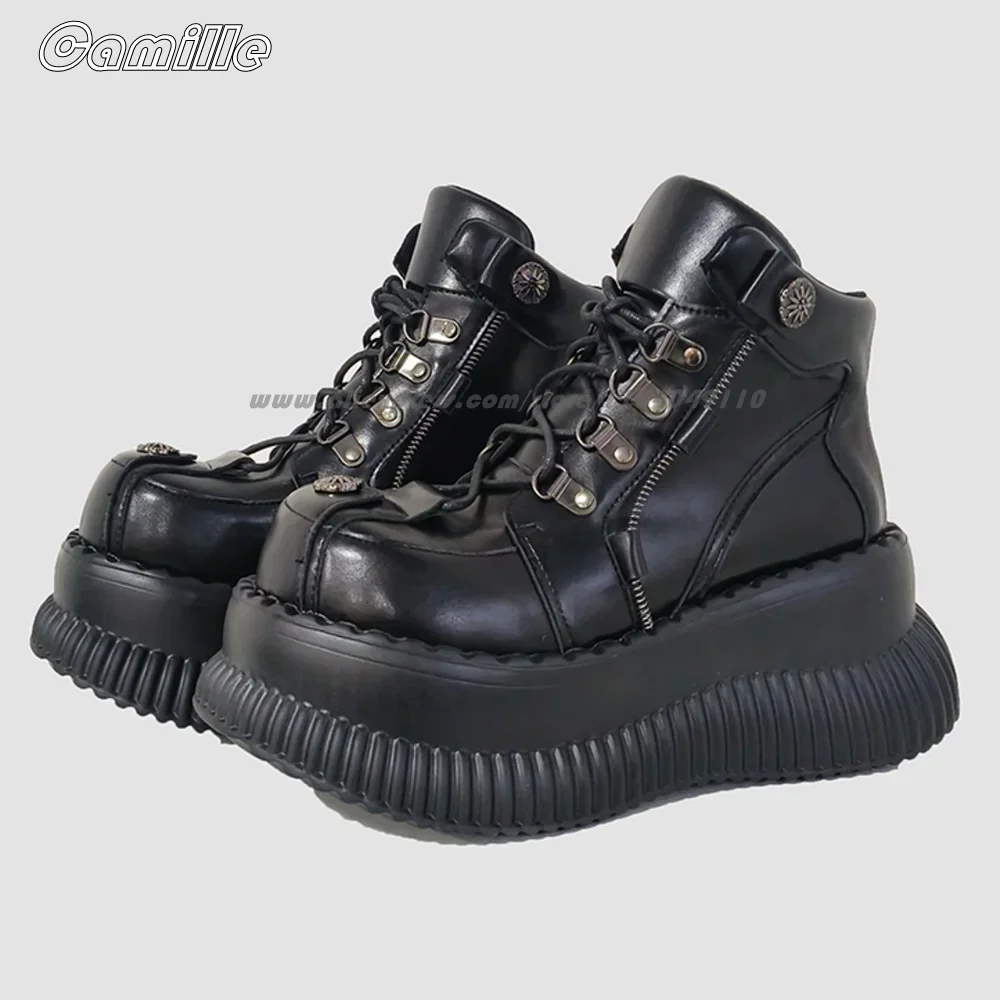 

Punk Style Chunky Heel Front Lace Up Ankle Boots Size Genuine Leather 35-40 Platform Lady Boots Matte All-Match Cool Girl Boots