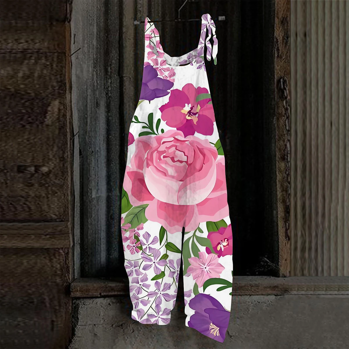 Women Floral Print Sleeveless Jumpsuit Orange Daisy Print Casual Loose Wide Leg Overalls Vintage Linen Look One Piece Pants Stre