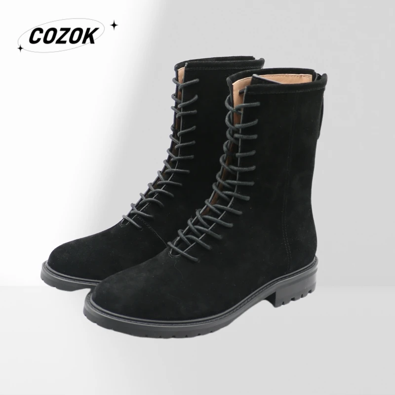 Top Quality Light Effect Cowhide Suede Zipper LASE-up Boots   bottine  luxury brand  bottes hiver pour femme  botas de mujer