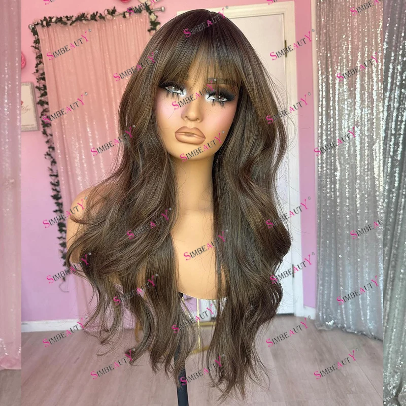 Pre Plucked 13x6 Lace Front Human Hair Wigs with Bangs for Black Women Glueless Fringe Ash Brown Long Wavy Full Lace Wigs Virgin