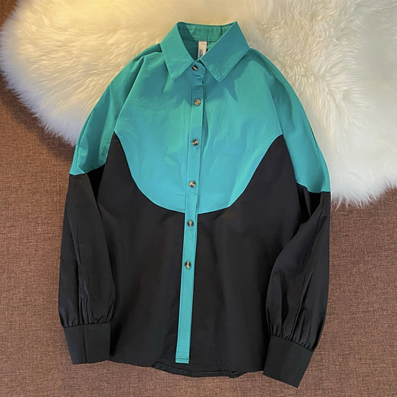 DAYIFUN American Fashion Shirts Women Contrasting Color Patchwork Design Blouses Spring Autumn Thin Ins Casual Long Sleeve Top