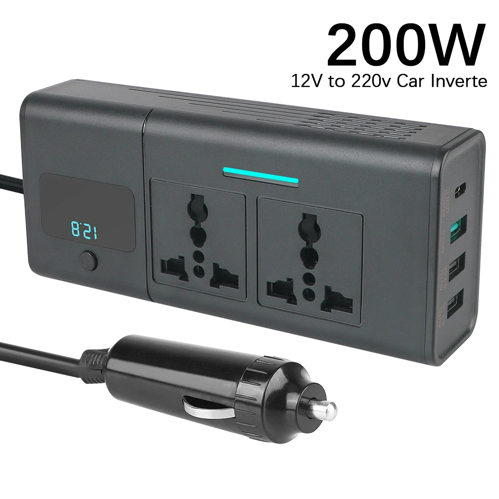 Adaptador de inversor de corriente para coche, 12V CC a CA 220V, accesorios para coche con pantalla Digital de 200W