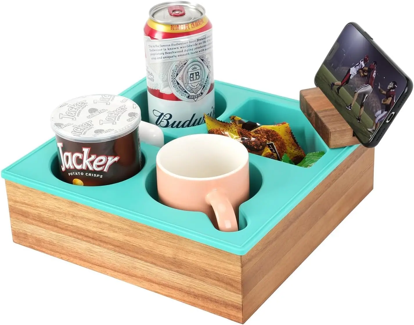 

Couch Cup Holder Tray, Handy Soft Silicone Acacia Wooden Couch Caddy For Bed Car Seat Beach Organizer, Waterproof Anti-Spill