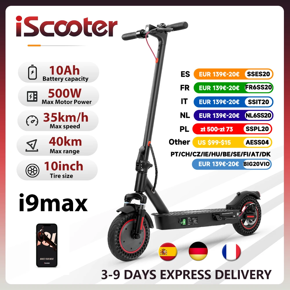 IScooter-Trottinette Électrique i9max, 36V, 10Ah, 500W, Autonomie de 30 à 40km, Suspension Touriste, Vitesse de 15 à 35 km/h, 10 Pouces, avec Application