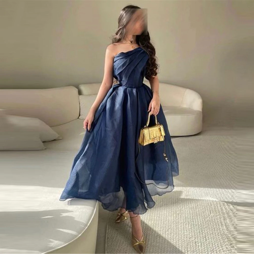 

Navy Blue Organza A Line Prom Dresses One Shoulder Pleats Ankle Length Evening Gowns Party Formal Dress Saudi Arabic Gowns