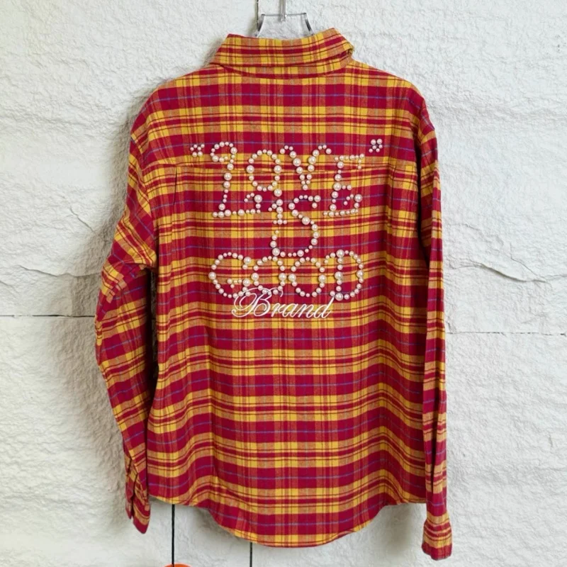 

Heavy Industry Pearl Embroidered Letter Logo GOODBRAND Checkered Shirts Fashion Street Casual Men Women Long Sleeve Tops
