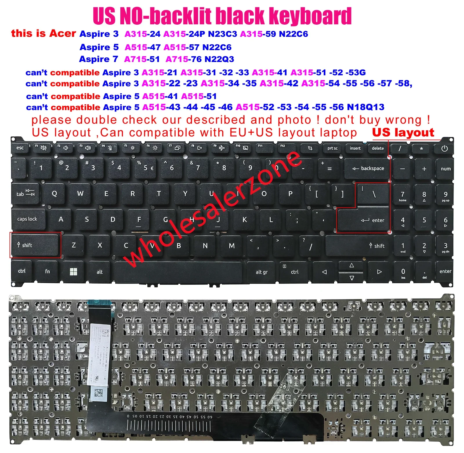 US No-backlit Keyboard For Acer Aspire 3 15 A315-510 Aspire A515-48 A515-58 Aspire 7 A715-52 A715-78 Nitro V15 ANV15-41 ANV15-51