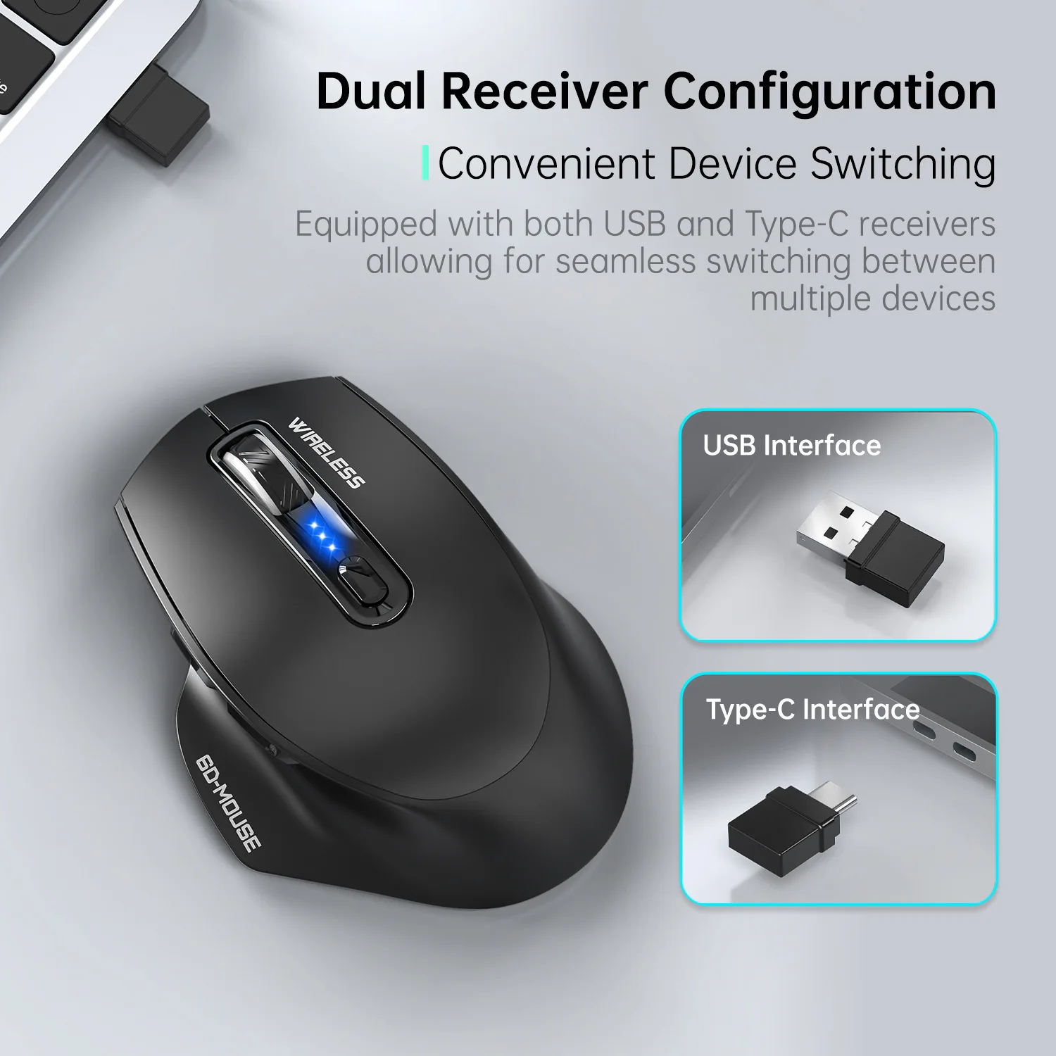 

Tri-mode Ergonomics Mouse Rechageable Wired+2.4G+BT 6400DPI Power Display USB Type-C Dual Connector Low Noise Button Office Use