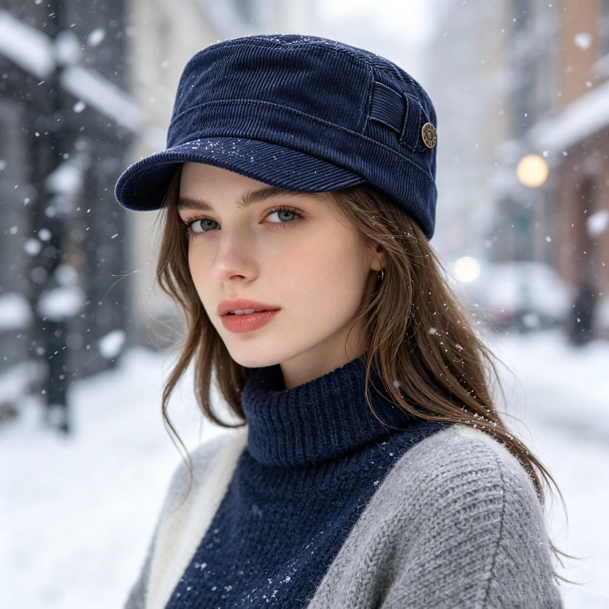 Autumn and Winter Retro Corduroy Flat-Top Military Hat for Women, Vertical Stripe Texture with Side Metal Buckle Adjustment, Casual Versatile Outdoor Warm Short-Brim Newsboy Cap, Available in Multiple Colors