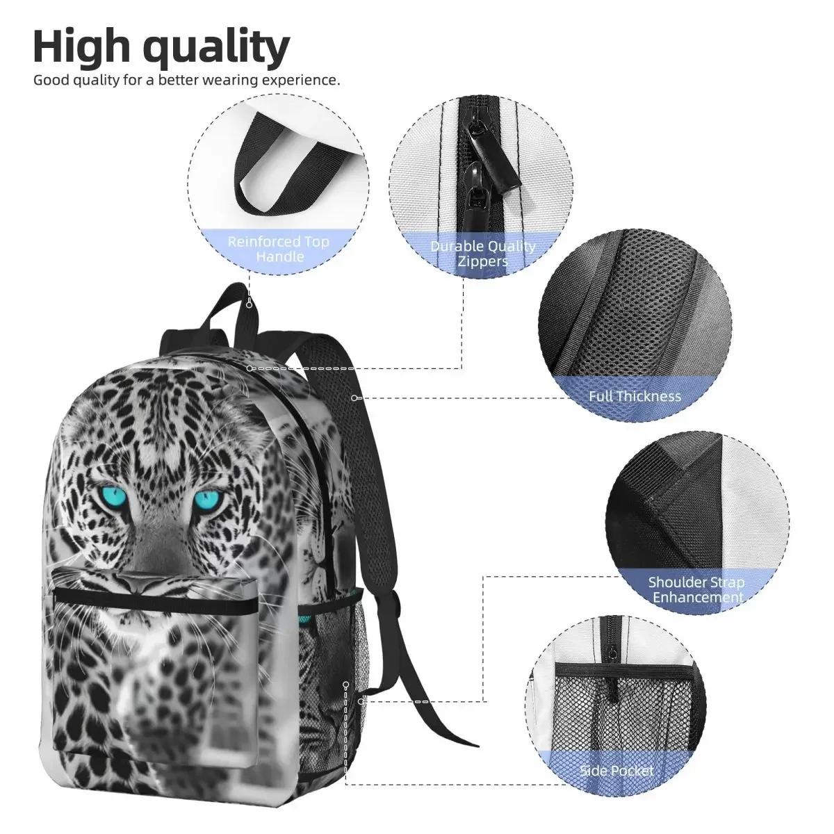 White Leopard Cheetah Realistic Art Backpack Boys Girls BookBag Kids School Bag Laptop Shoulder Bags for Men Women