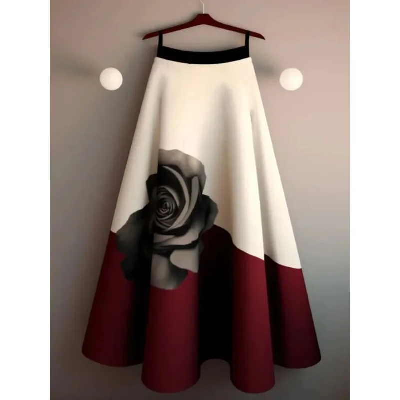 Vintage Rose Print Skirt for Women Spring Autumn New Mid-length Faldas Mujer Y2k E-Girl High Waist A-line Skirt for Women