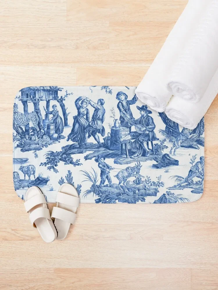 Blue and White Toile de Jouy Bath Mat Bathroom Interior Rooms Mat