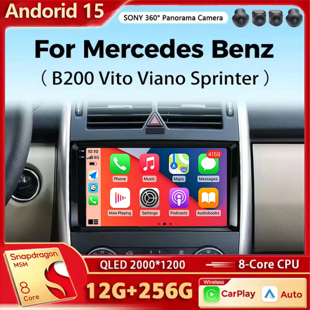 Estéreo automático DSP BT Android 15 Radio de coche QLED para Mercedes Benz B200 A B clase W169 W245 Viano Vito W639 Sprinter W906 navegación