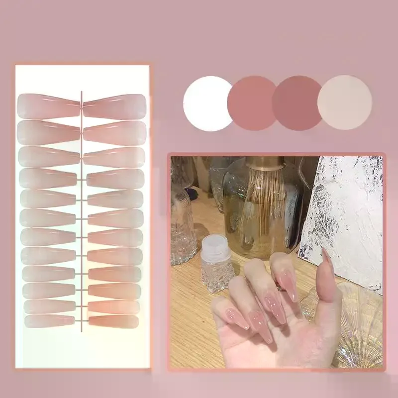 24Pcs/Set Multicolor Square Head Coffin Wearing False Nails Pink French Press On Nails Long Fake Nails Nude Color Nail Extension