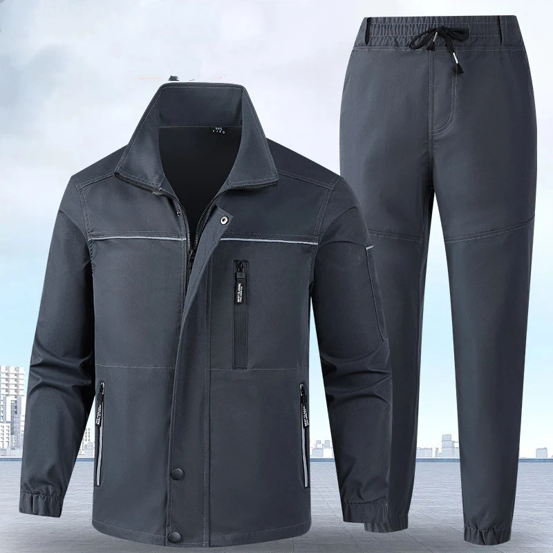 Men Elastic Workwear Set Stand Collar Wear Resistant Jacket Drawstring Jogger Pants Workshop Auto Repair Labor Suit