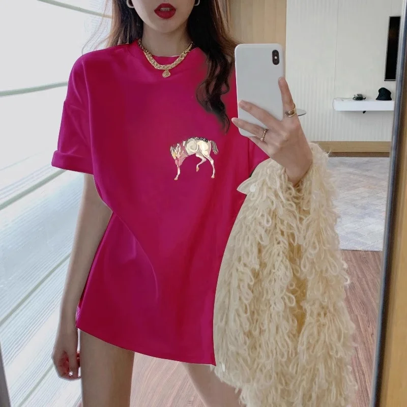 

Pink Cotton Long Sve T-irt Women's Loose Fit Summer New Sle European Faion Big Size Cover Butt Trendy Top