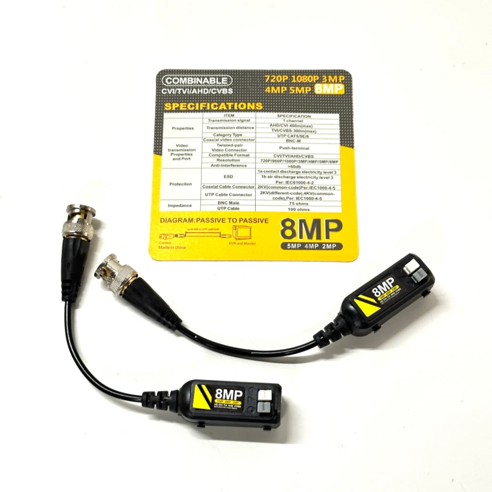 8MP BNC Video Balun Connector Transmission Twisted Pair Transmitter Cctv Cable Support HD 8MP AHD/CVI/TVI Camera
