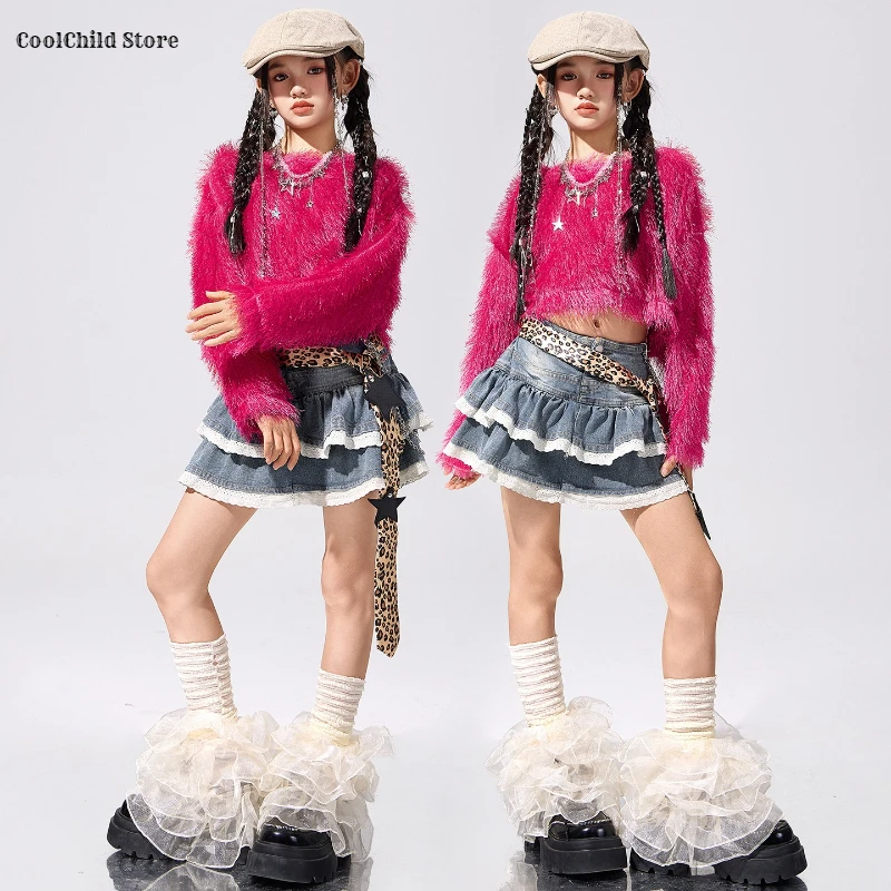 Girls K-pop Off Shoulder Furry Crop Top Dance Denim Skirts Kids Hip Hop Jazz Clothes Sets Children Streetwear Girl Group Costume