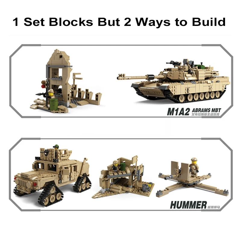 1463PCS 2in1 Military M1A2 Tactical Tank Tracked Hummer Car Building Blocks with 6 Soldier Figure Bricks Toys Gifts For Boy Kids