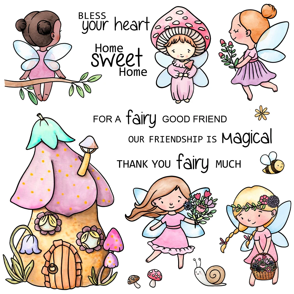 Mangocraft Cute Bee Fairy Girl And Mushroom Cutting Dies Clear Stamp DIY Scrapbooking Metal Dies Silicone Stamps For Cards Album