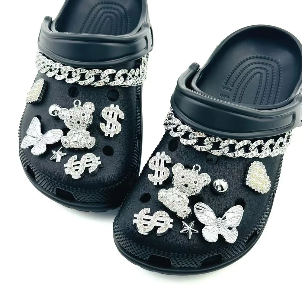 

16PCS Summer Shoe Charm Set Accessories for Sandals Clog Shoe Buckle Silver Diamond Bear Butterfly Chain DIY Shoe Decorations