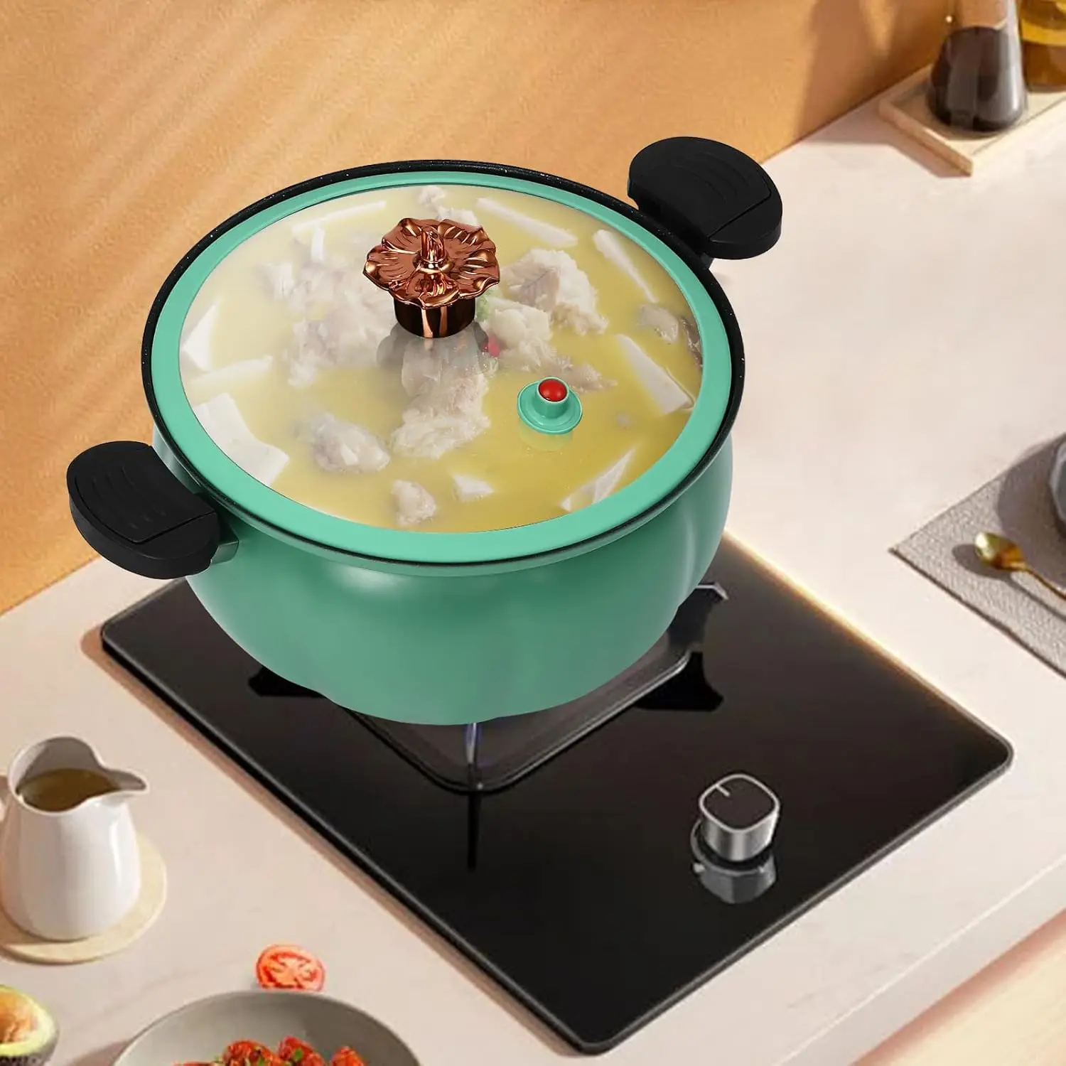 

(Green)Mini Pressure Cooker,8L Multi-Function Pressure Cooking Pot,Pumpkin-Shaped Double-Handle Pressure Cooker,Dishwasher Safe