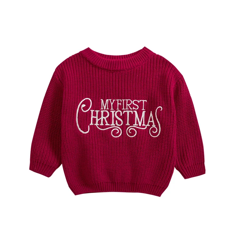 

Baby Boy Girl Christmas Sweater Letter Embroidery Crew Neck Long Sleeve Pullover Knit Tops for Fall Winter