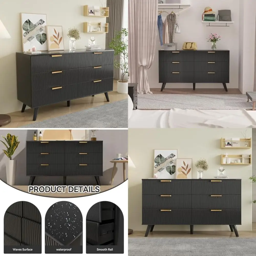 

contemporary 6-drawer wood chest for bedroom, fluted design storage cabinet