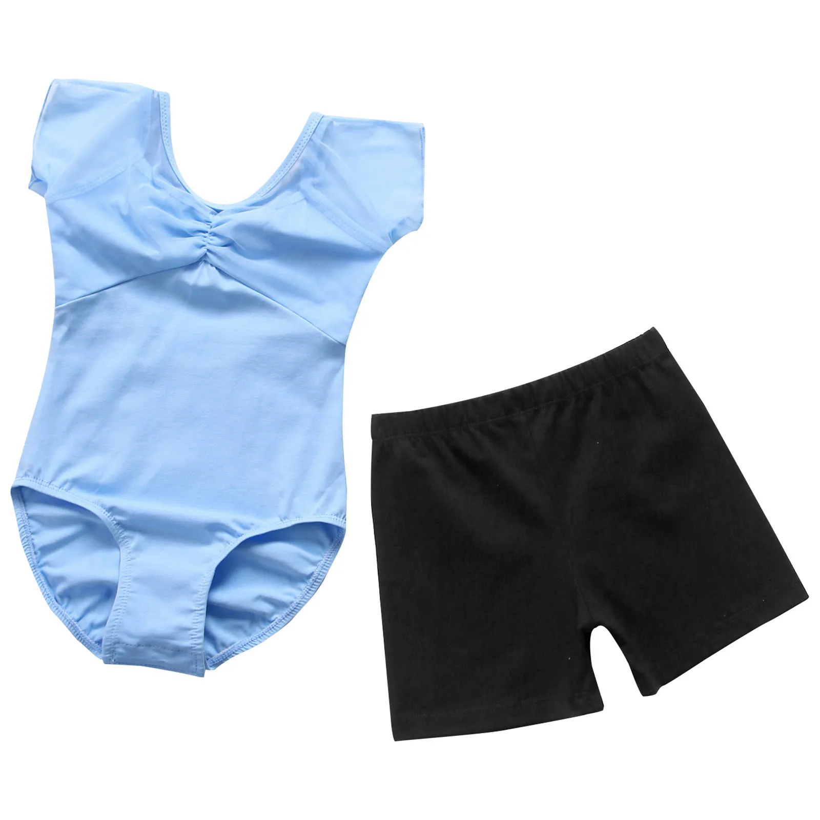 Niños Niñas gimnasia Ballet danza práctica traje de calentamiento recortado espalda malla transparente Patchwork Ballet Jersey leotardo con pantalones cortos