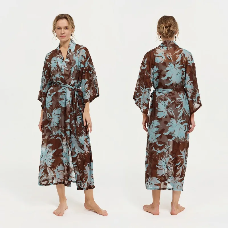 Women Black White Ink Floral Sheer Chiffon Kimono Collar Long Wrap Bathrobe Self Tie Belt Loose Three Quarter Sleeve Loungewear