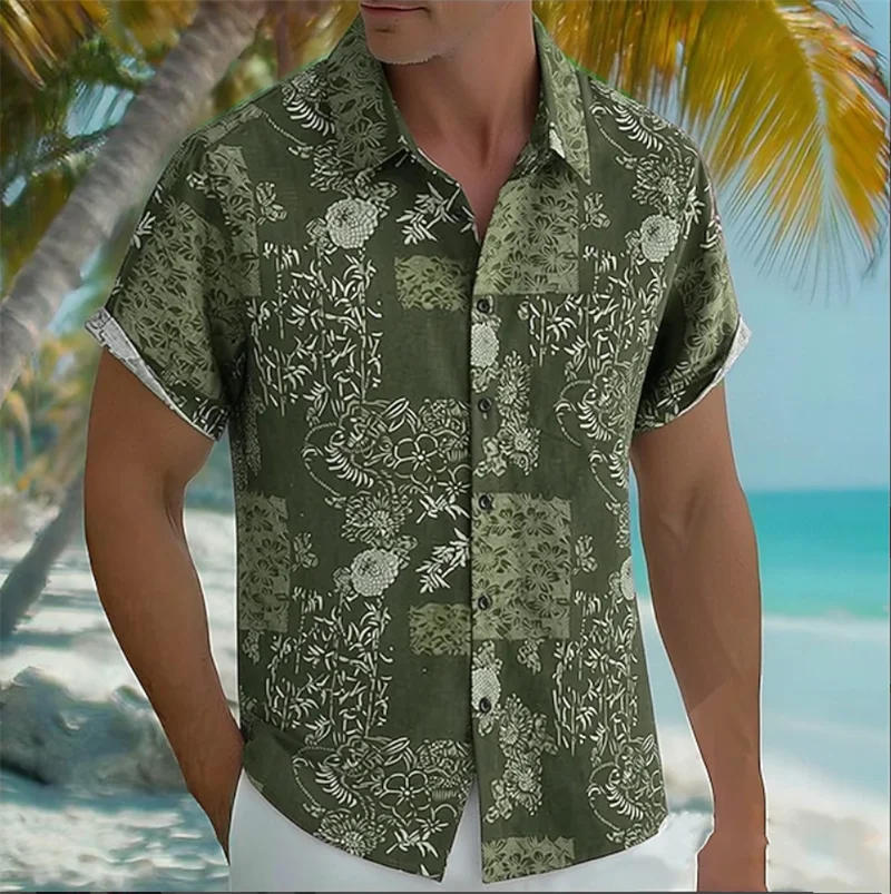 New fashionable casual patchwork printed linen short sleeved shirt men's top pattern lapel shirt clothing