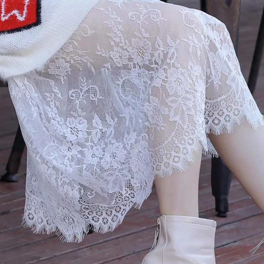 Women Bottoming Skirt Elastic High Waist Embroidery Lace Flower A-Line Skirt Retro Cheongsam Lining Skirt