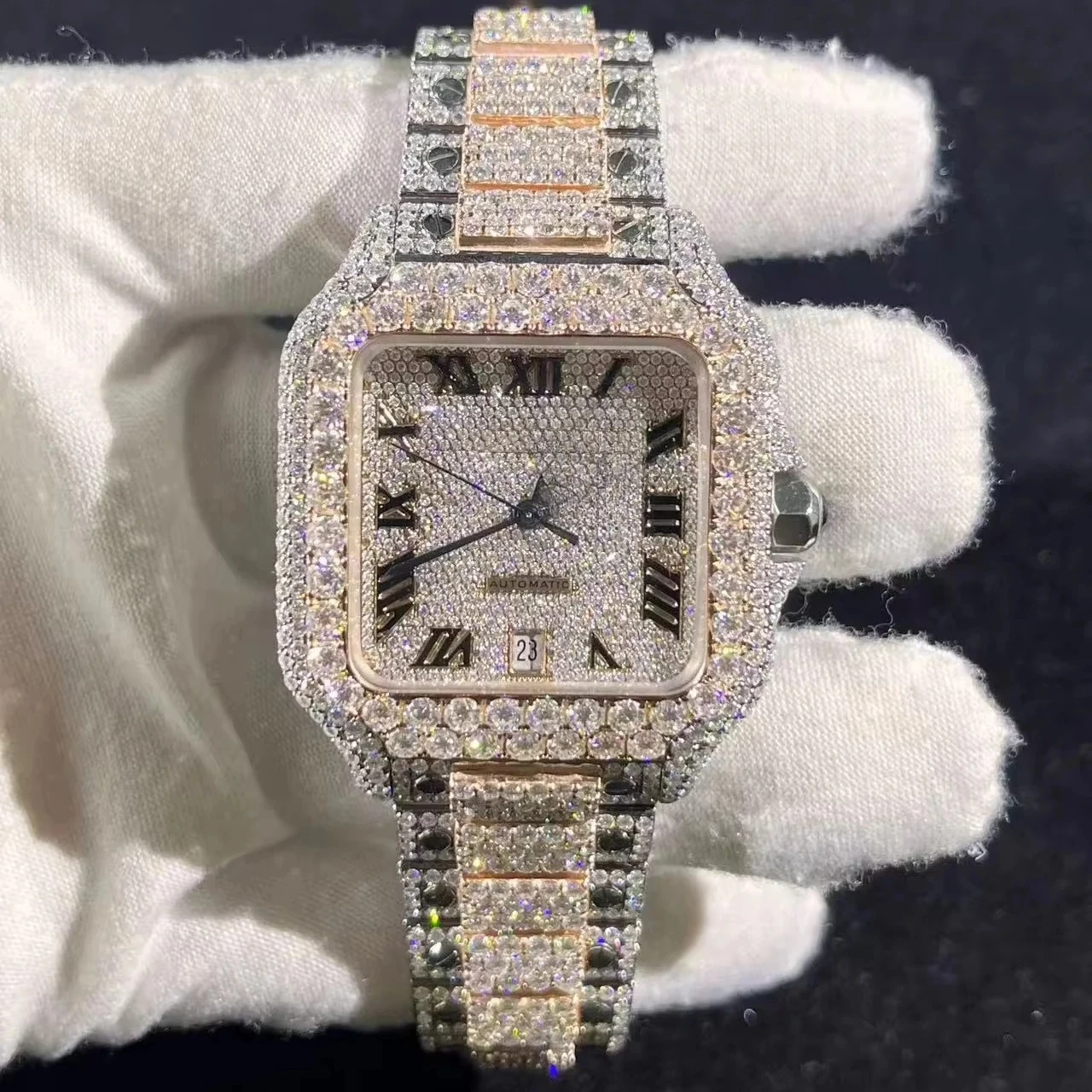 

40mm Two tone Stainless Steel Silica Watch Half Body, Iced Men's Luxury Square Diamond Hiphop Automatic Machine Watch