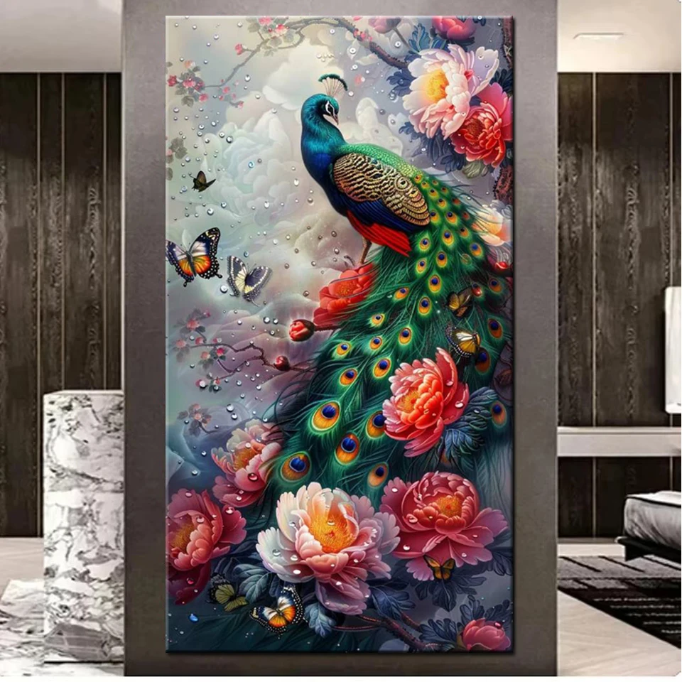 Pieno quadrato rotondo fai da te pittura diamante punto peonia fiore verde pavone animali mosaico diamante ricamo decorazione della parete di grandi