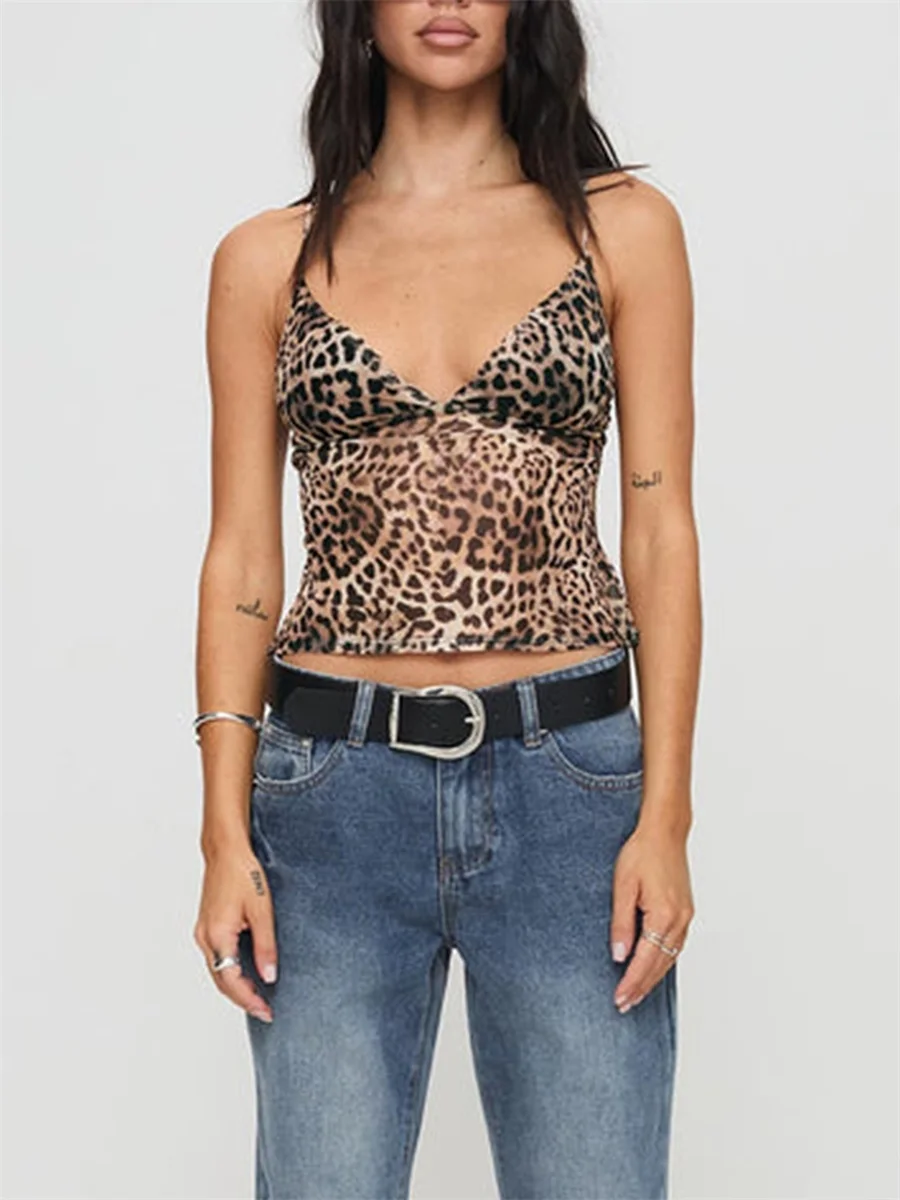 Women s Summer  Fit Vest Sleeveless Deep V Neck Leopard Print Trendy Cami Tops