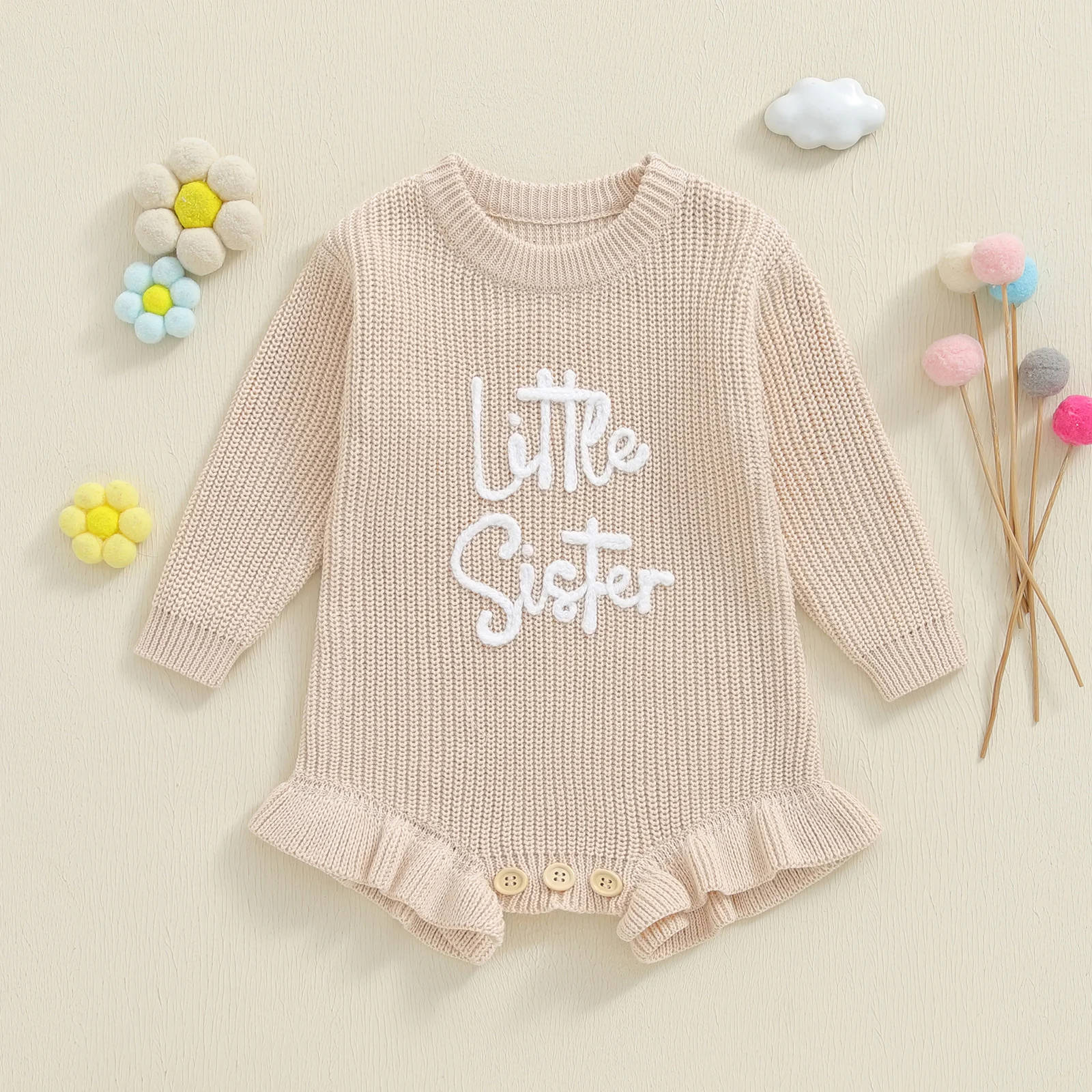 

0-12 Months Baby Girls Fall Knit Romper Letter Embroidery Long Sleeve Round Neck Ruffled Sweater Jumpsuit