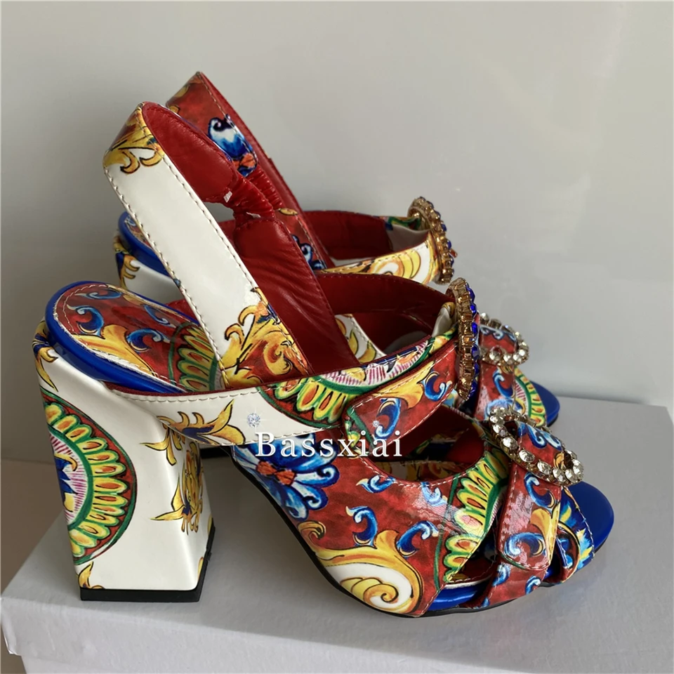 Exotic Style Print Flower Patent Leather Sandals Women Chunky Heel Open Toe Crystal Rhinestone Buckle Strappy Summer Shoes