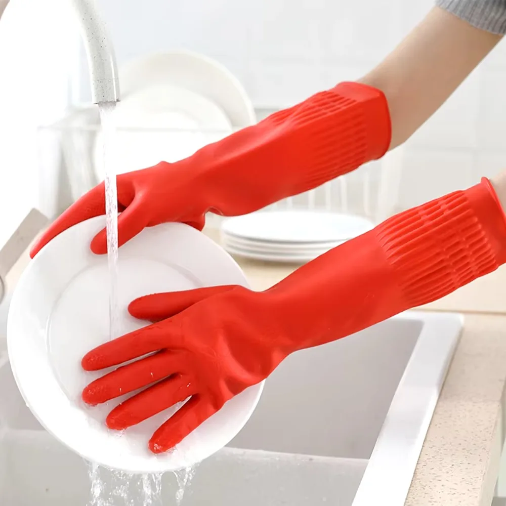 1 pair Flexible Comfortable Rubber Clean Gloves Red Dish Lady Washing Long   Home Bathroom Cleaning Kitchen Accessories