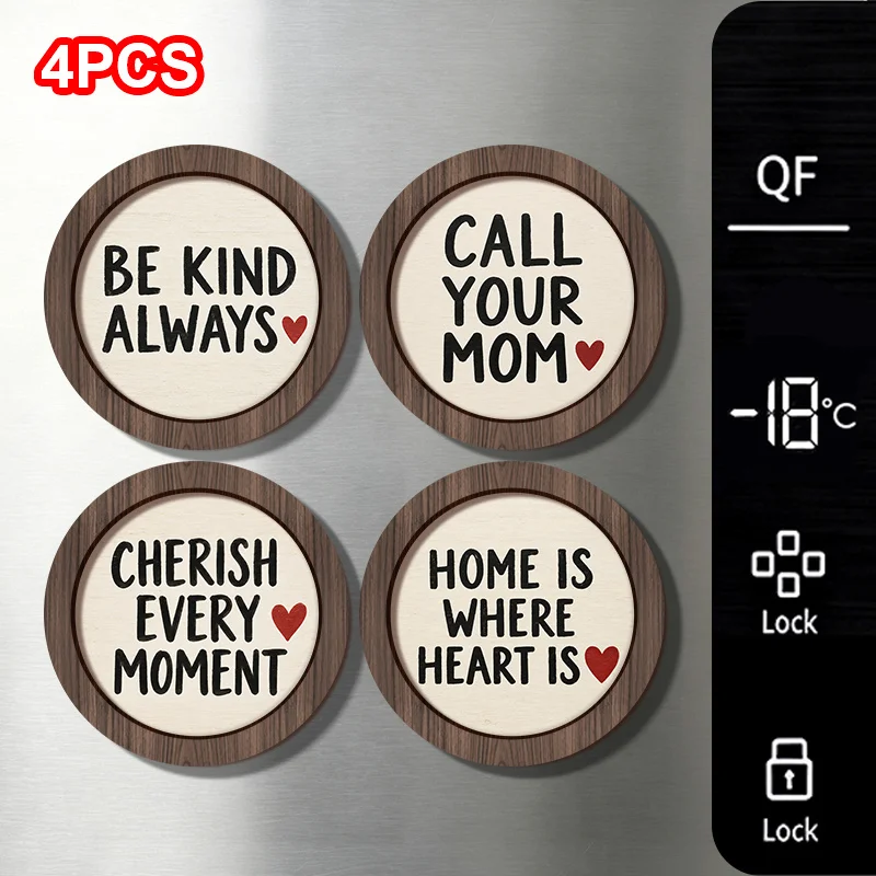 4Pcs Round Wooden Fridge Magnets, Inspirational Quote Refrigerator Magnets with Positive Words & Red Heart, 