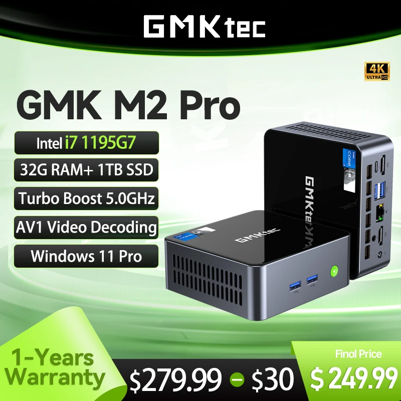 GMKtec GMK M2 PRO 미니 PC 게임용 컴퓨터 PC, 인텔 i7 1195G7 NUCBOX DDR4 NVME SSD, 윈도우 11 프로, 16GB, 32GB, 512GB, 1TB, WiFi6, BT5.2