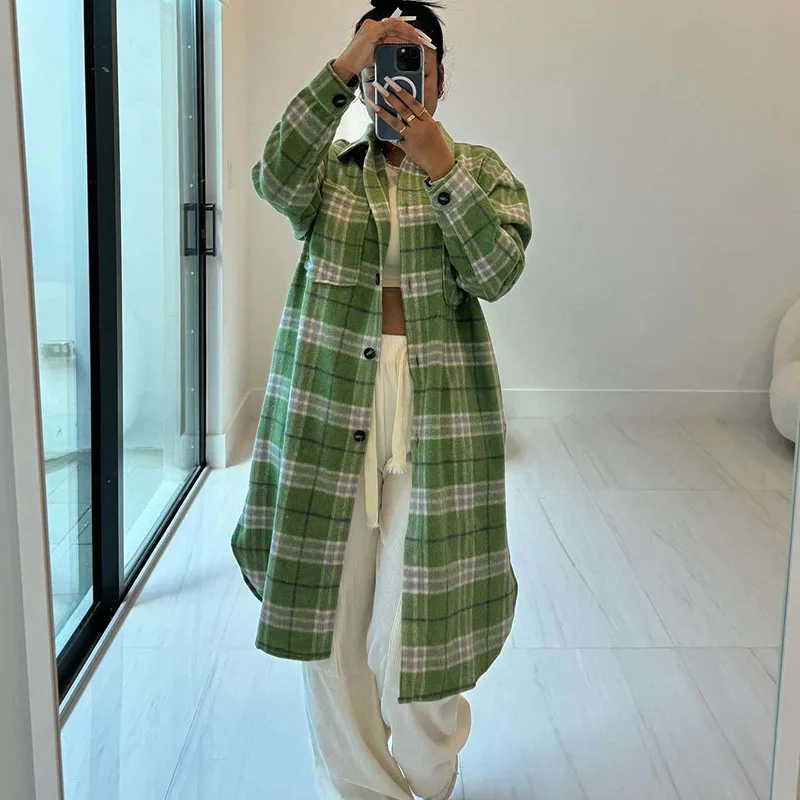 

Уличная клетчатая рубашка с принтом, женская одежда, однобортный топ с длинными рукавами и карманами, прямой свободный винтажный повседневный топ Mujer, оптовая продажа