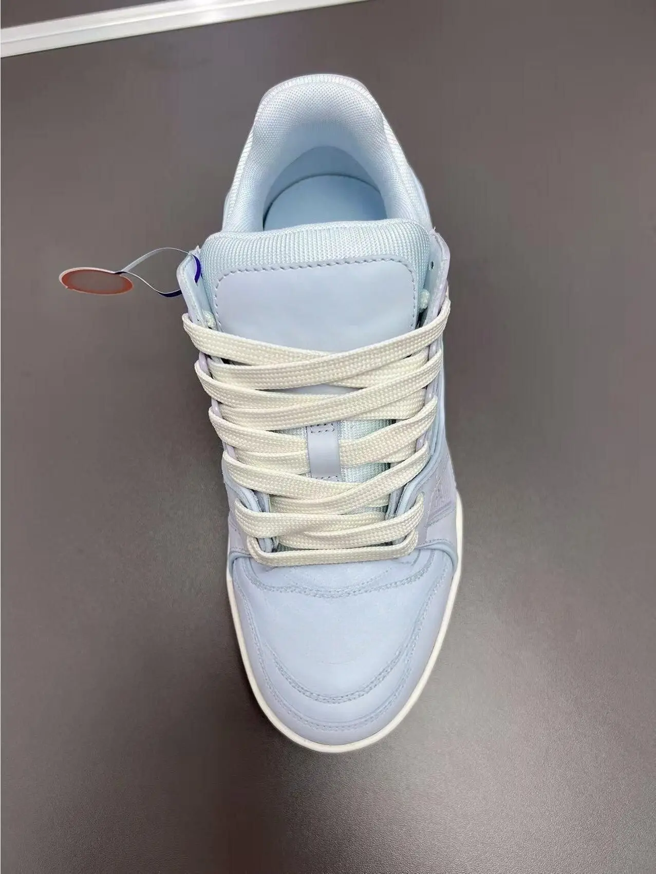 Unisex Light Blue Faux Leather Skate Sneakers, Wide Off White Laces Lace Up Thick Platform Street Board Shoes