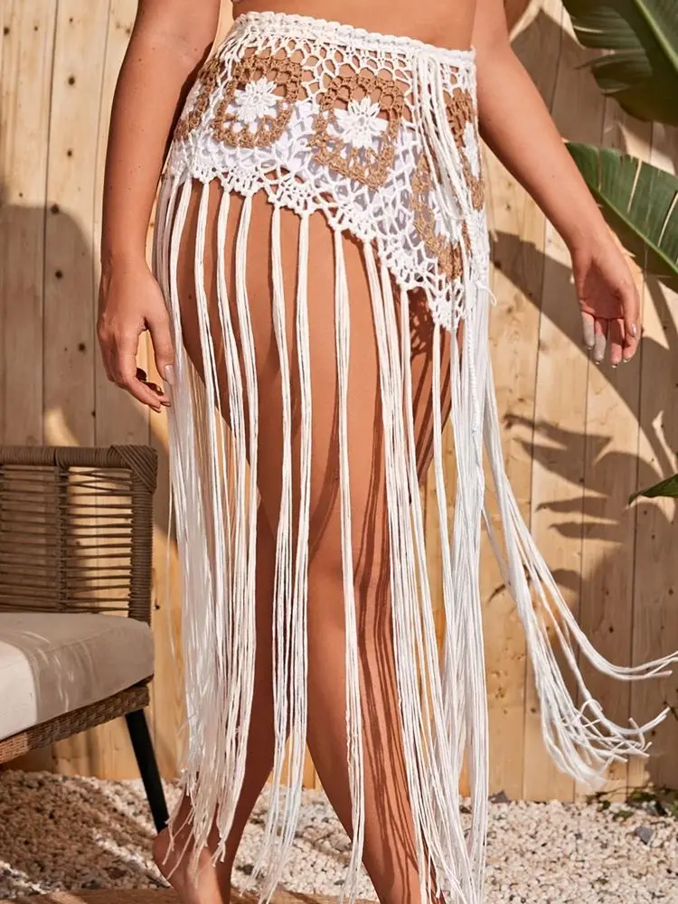 Plus Size Beach Wear Swimsuit Cover-Ups Boho Summer See-Through Hollow Out Bandage High Waist Tassel Dress Crochet Knit Skirts