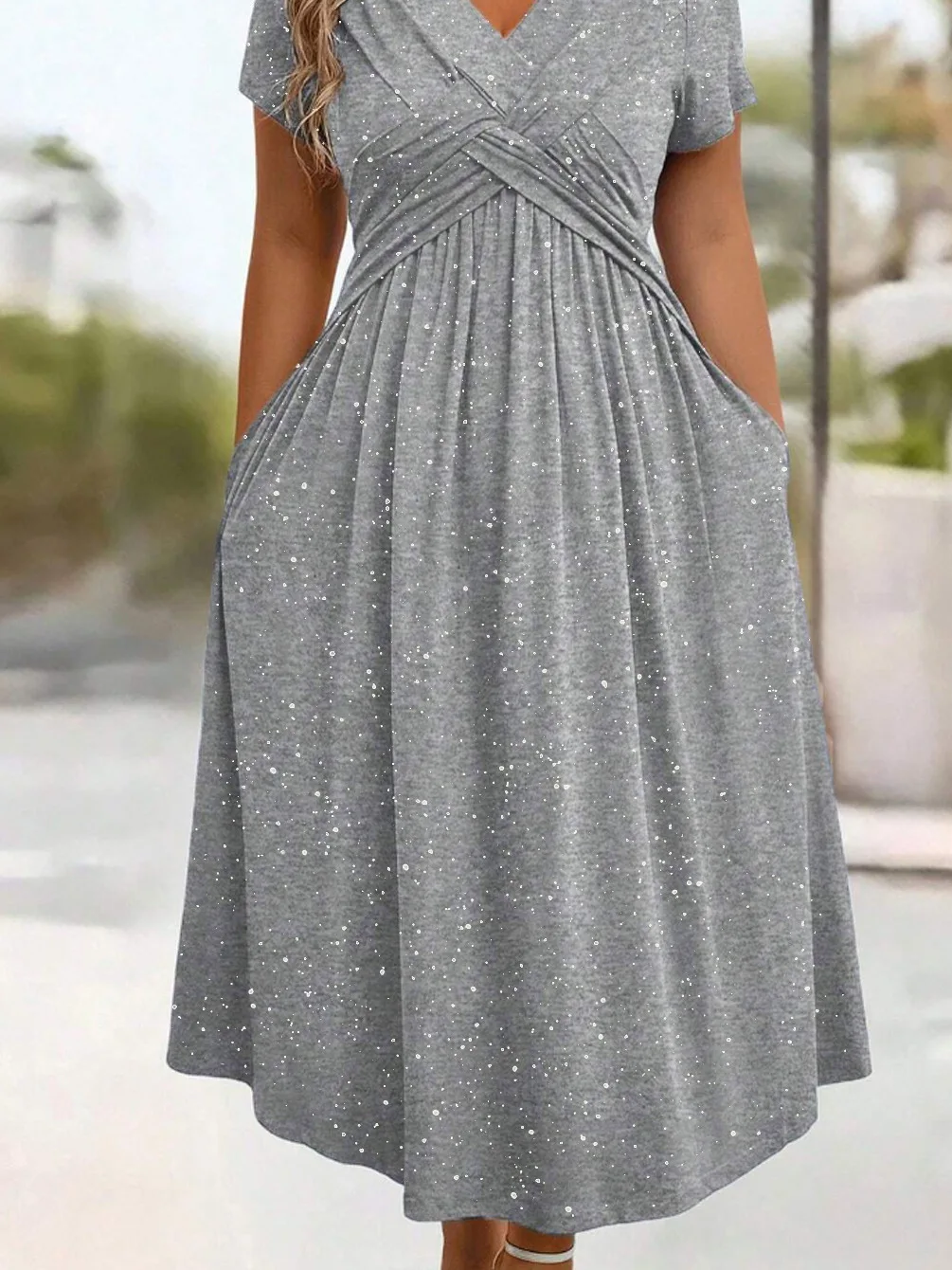 Waist-Cinching Long Skirt Jumpsuit for Women Casual A-Line Dress Polyester Fabric Short Sleeve V-Neck Summer Fashion