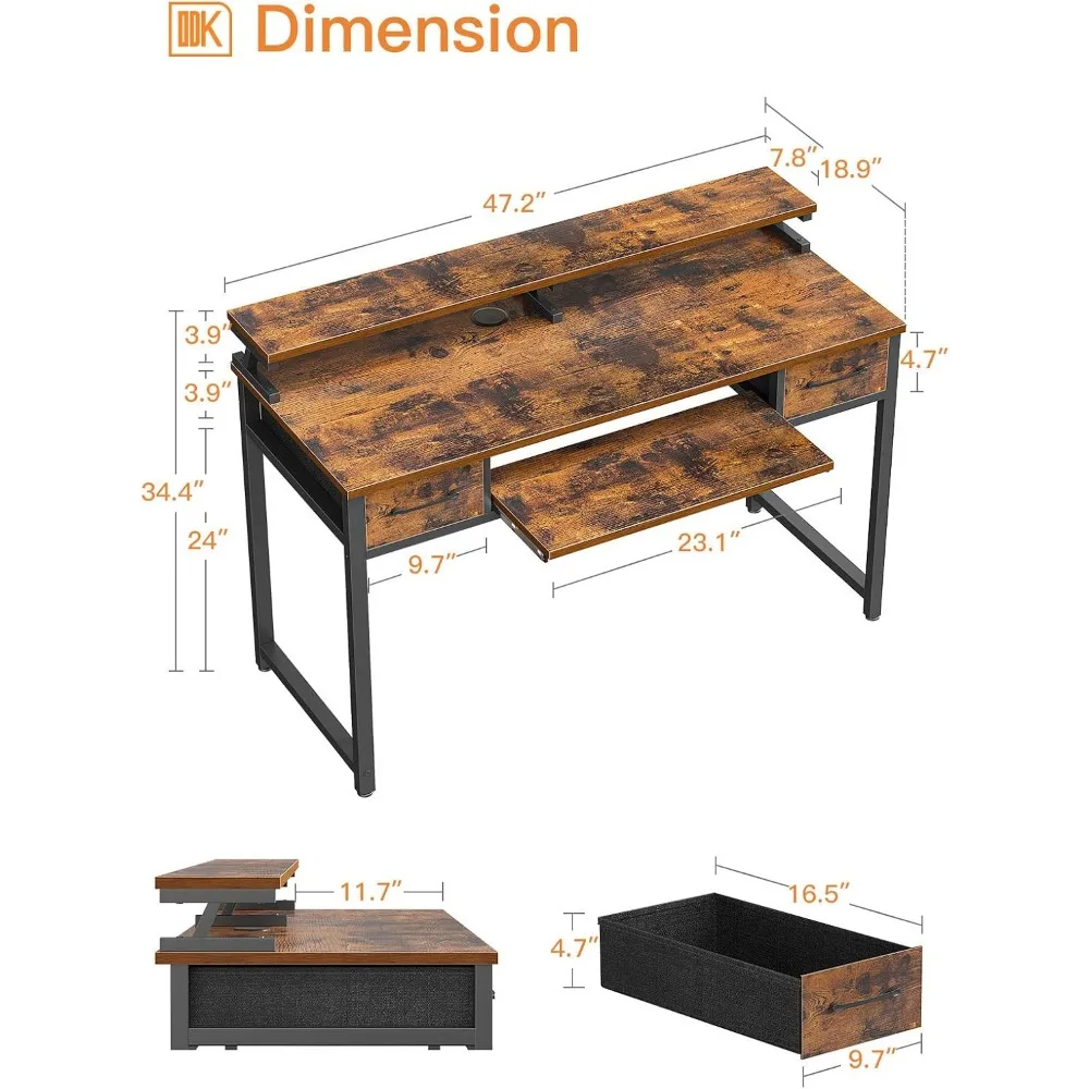 Компьютерный стол с подносом для клавиатуры и ящиками, офисный стол 47 дюймов с хранилищем, письменный стол с полкой для монитора