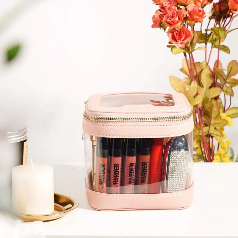 Rownyeon Portable Pink Clear PVC Square Travel Make up Pouch Cosmetic Bag